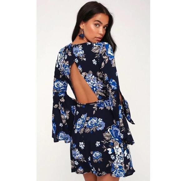 Lulus Once and Floral Navy Blue Floral Print Bell Sleeve Wrap Dress - Picture 2 of 7